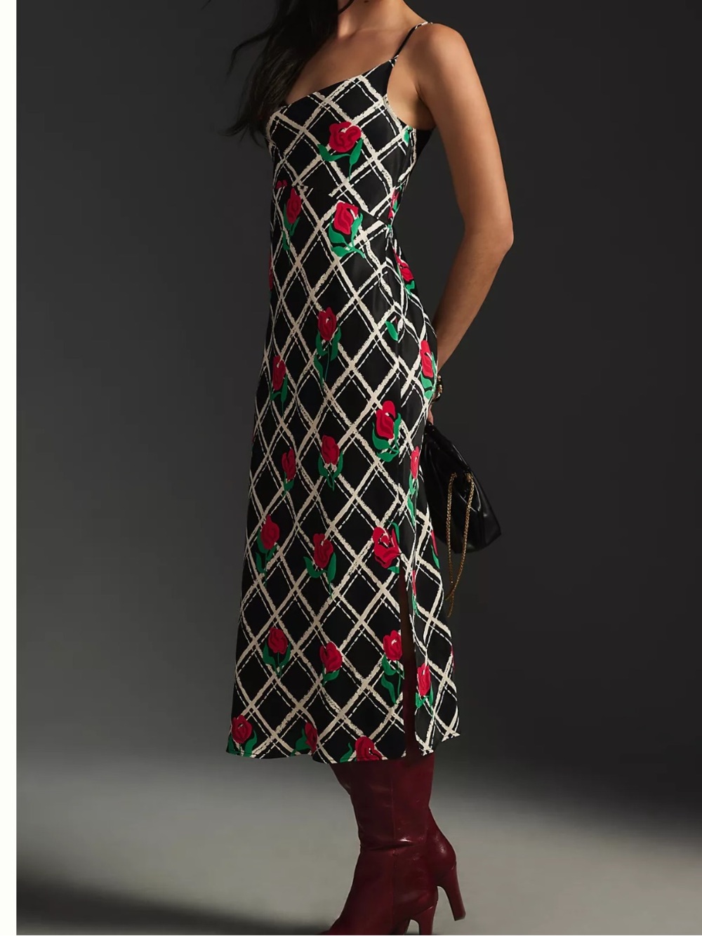 Anthropologie The Elyse Satin Midi Rose Print Slip Dress NEW SIZE SMALL PETITE